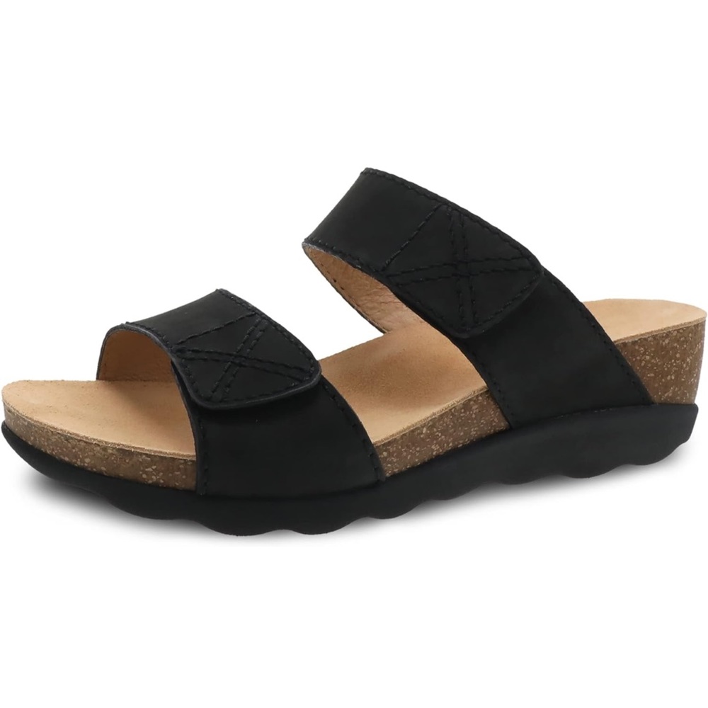Dansko Maddy Slip-On Wedge Sandal Velcro Leather Black Sz 37 Excellent Condition